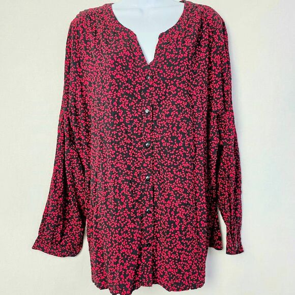 CJ Banks Black Red Floral Button Front Blouse 2X - Picture 1 of 7